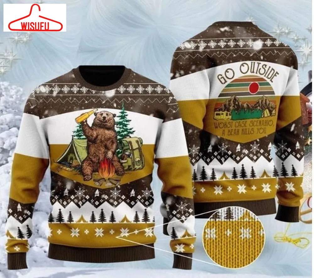 Bear Beer Campfire Yellow Wool Ugly Christmas Sweater, Xmas Sweater, Christmas Gift Sweatshirt, Gift Man Womenkid