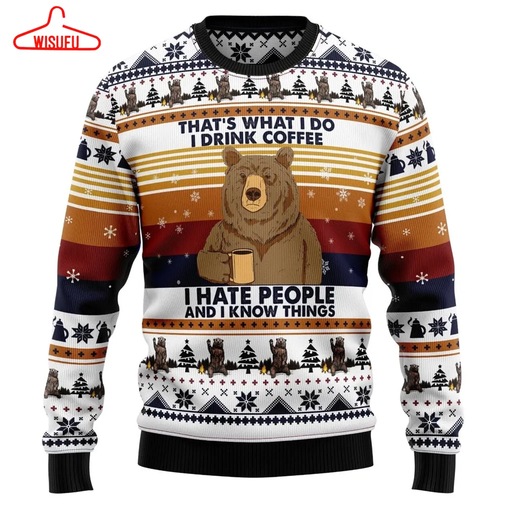 Bear Drinking Coffee Ugly Knitted Christmas Sweatshirt, Bear Camping Xmas Sweater, Christmas Sweater, Ugly Christmas Sweater