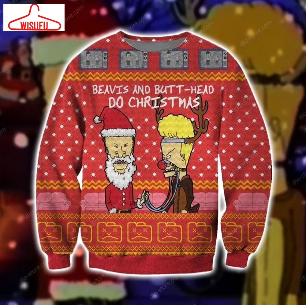 Beavis And Butt-head Do Christmas Ugly Knitted Christmas Sweatshirt, Xmas Sweater, Christmas Sweater, Ugly Christmas Sweater