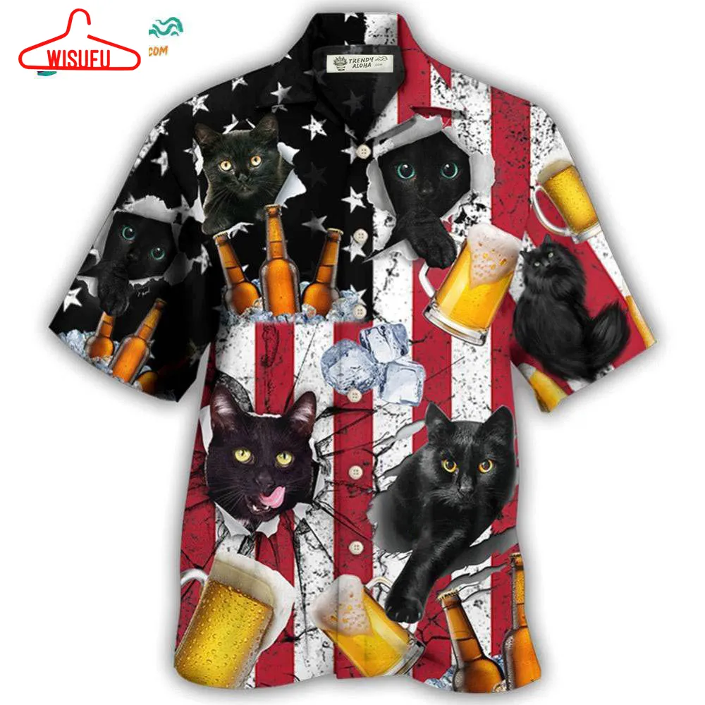 Beer And Black Cat American Flag Vintag-e Hawaiian Shirt- Wisufu Aloha