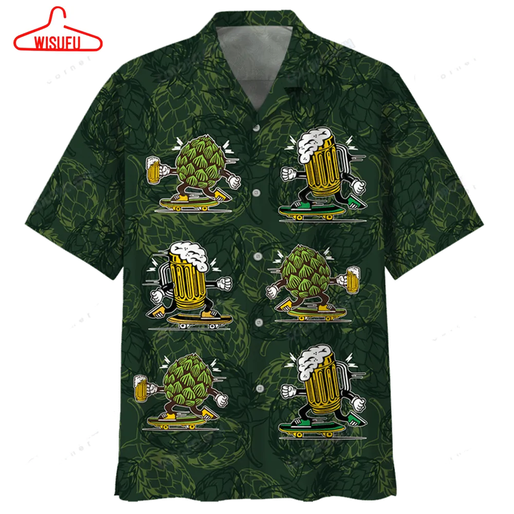 Beer Hawaiian Shirt Hops And Beer Cups Dark Green Aloha Shirt, New Hawaiian Holiday Outfits, New Fashion Gifts Vtbl35509