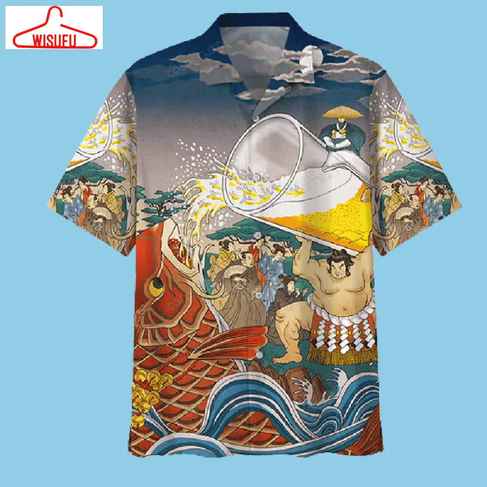 Beer Hawaiian Shirt Sumo Beer Drinking Japanese Style Aloha Shirt, New Hawaiian Holiday Outfits, New Fashion Gifts