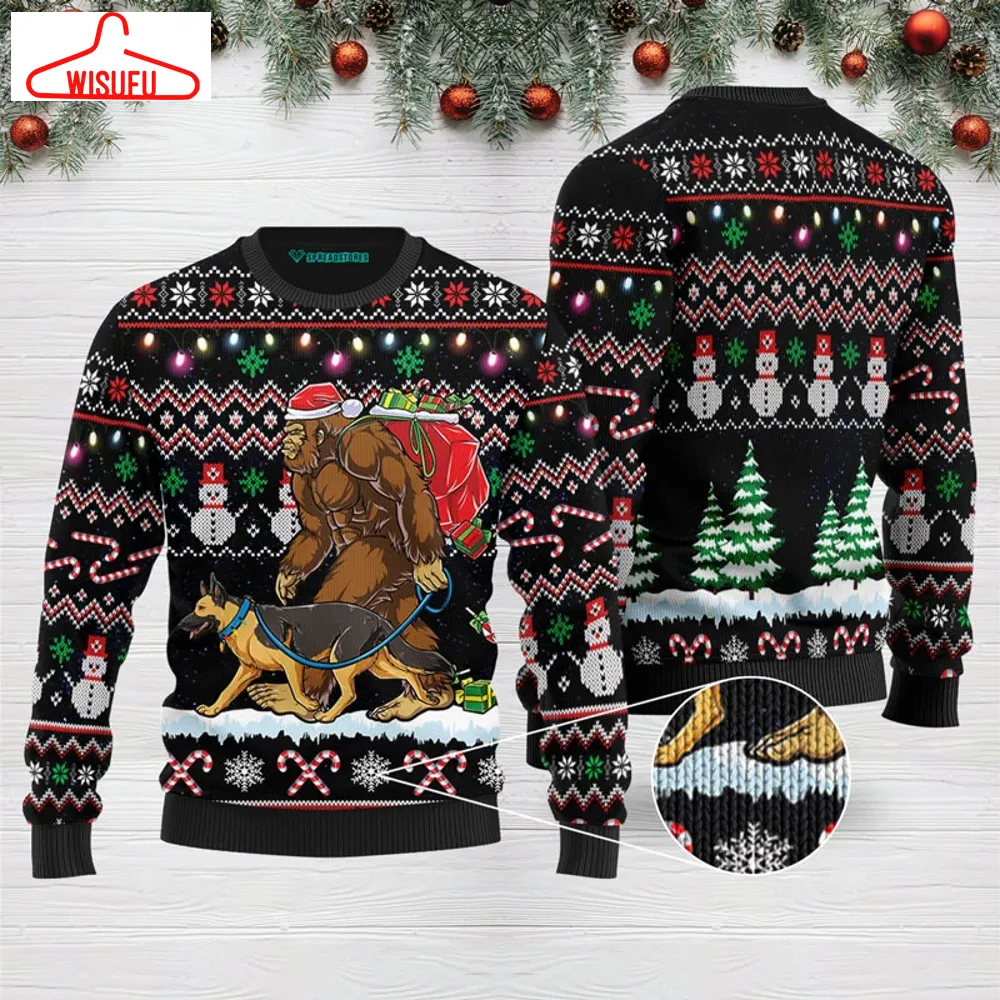 Big Foot And Dog Walking Ugly Christmas Sweater - For Men & Women - New Winter Fashion Shirt Gift For Family