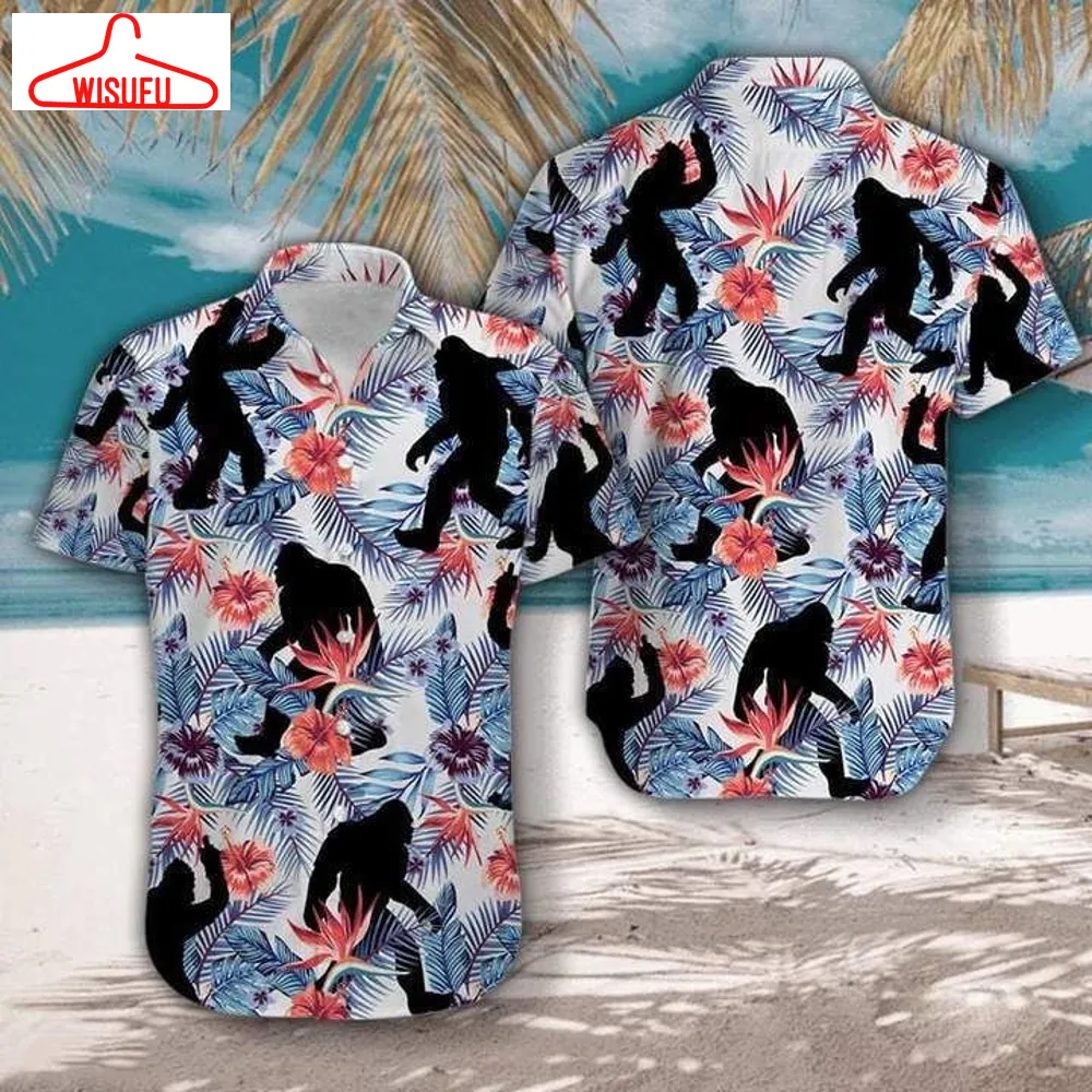 Bigfoot Camping Tropical Flowers Hawaiian Shirt