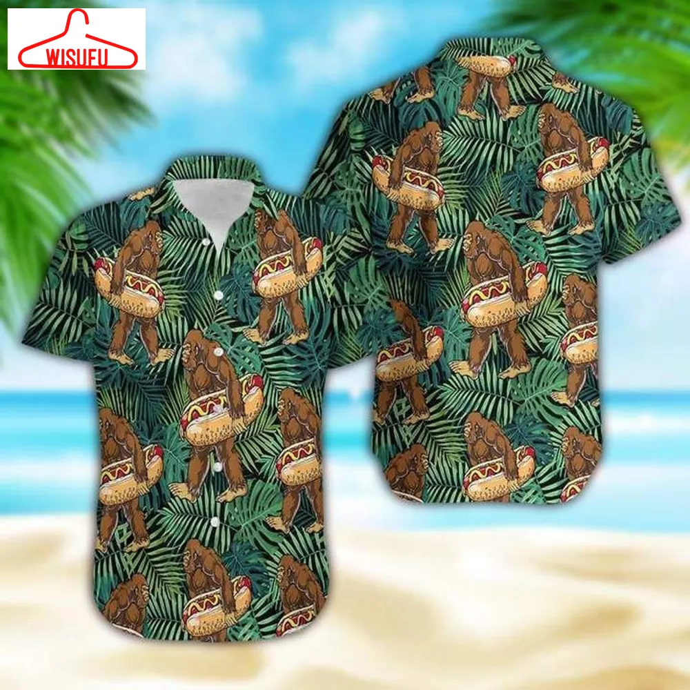 Bigfoot Carrying Hotdog Camping Tropical Hawaiian Shirt