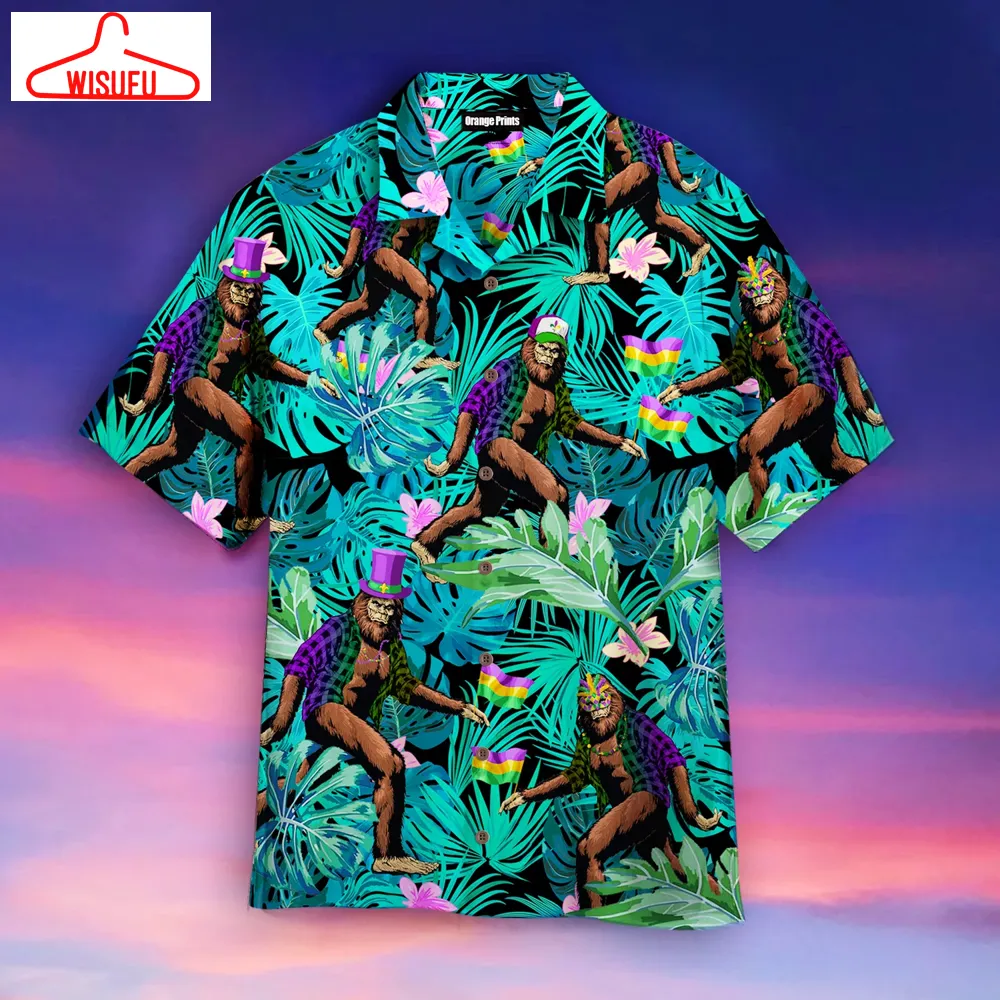 Bigfoot Happy Mardi Gras Tropical Hawaiian Shirt