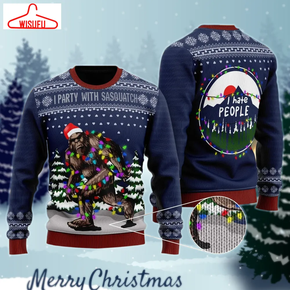 Bigfoot Santa Christmas Tree Lights Hate People Ugly Sweater