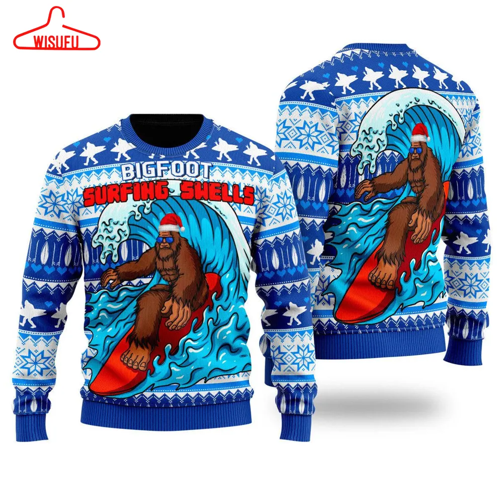 Bigfoot Surfing Swells Ugly Christmas Sweater - For Men & Women - New Winter Fashion Shirt Gift For Family