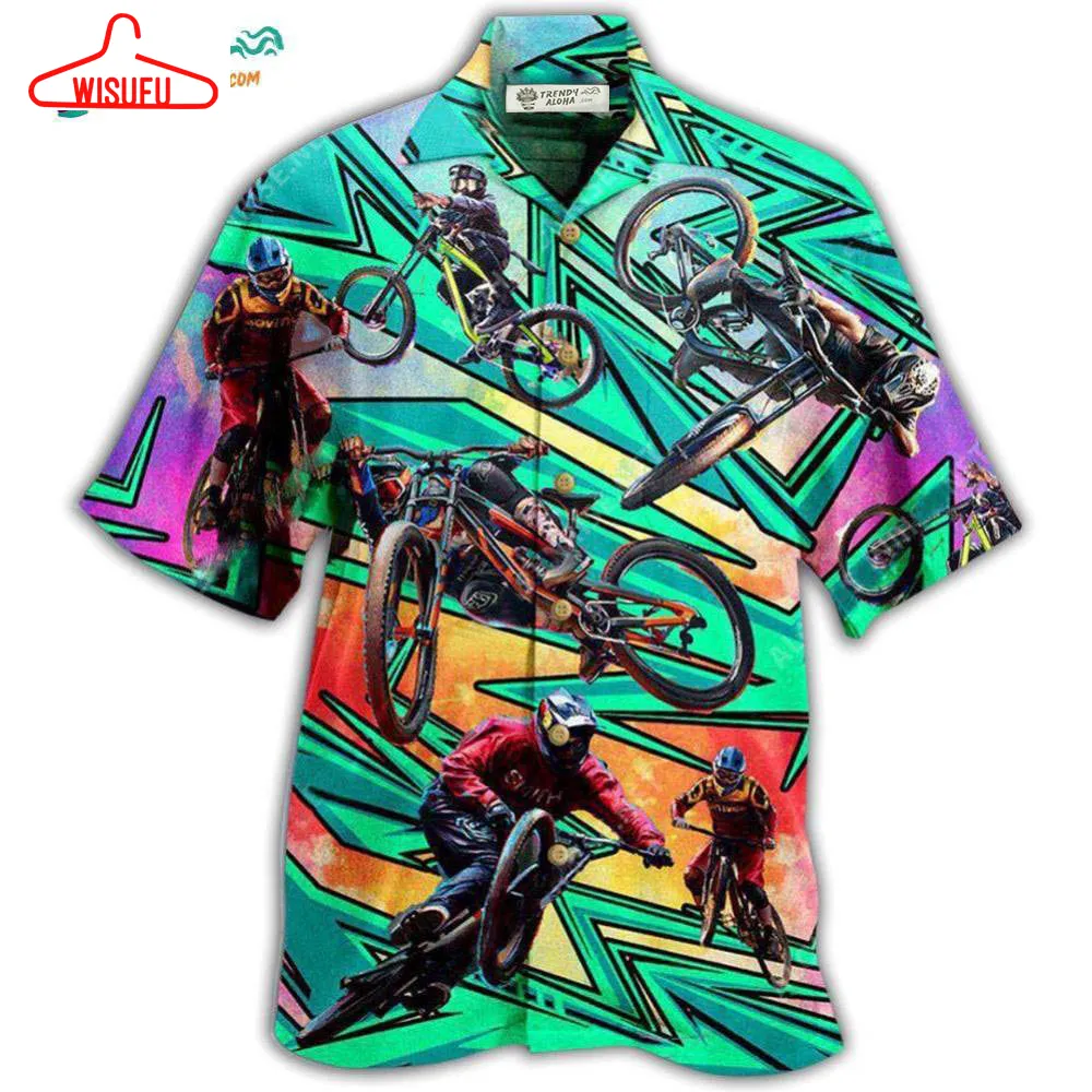 Bike Oh Shift Mountain Biking In Green Hawaiian Shirt- Wisufu Aloha