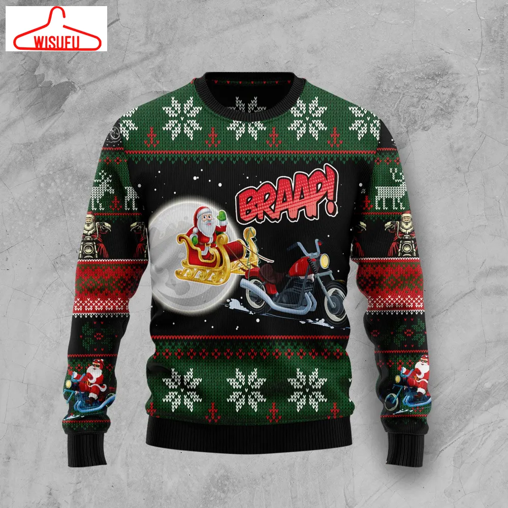 Biker Santa Xmas Ugly Christmas Sweater, All Over Print New Winter Fashion 3d Sweater, Best Gift Ideas