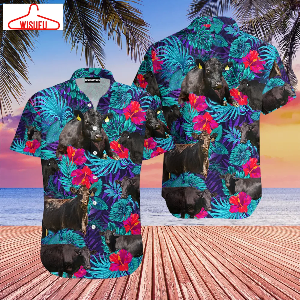 Black Angus Blue Neon Tropical Cattle Lovers Hawaiian Shirt