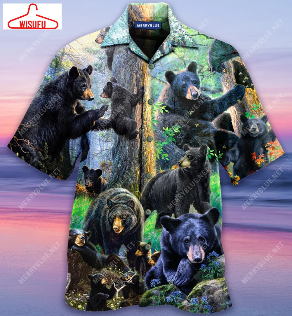 Black Bear Family Into Spring Unisex Hawaiian Shirt, New Hawaiian Holiday Outfits, New Fashion Gifts