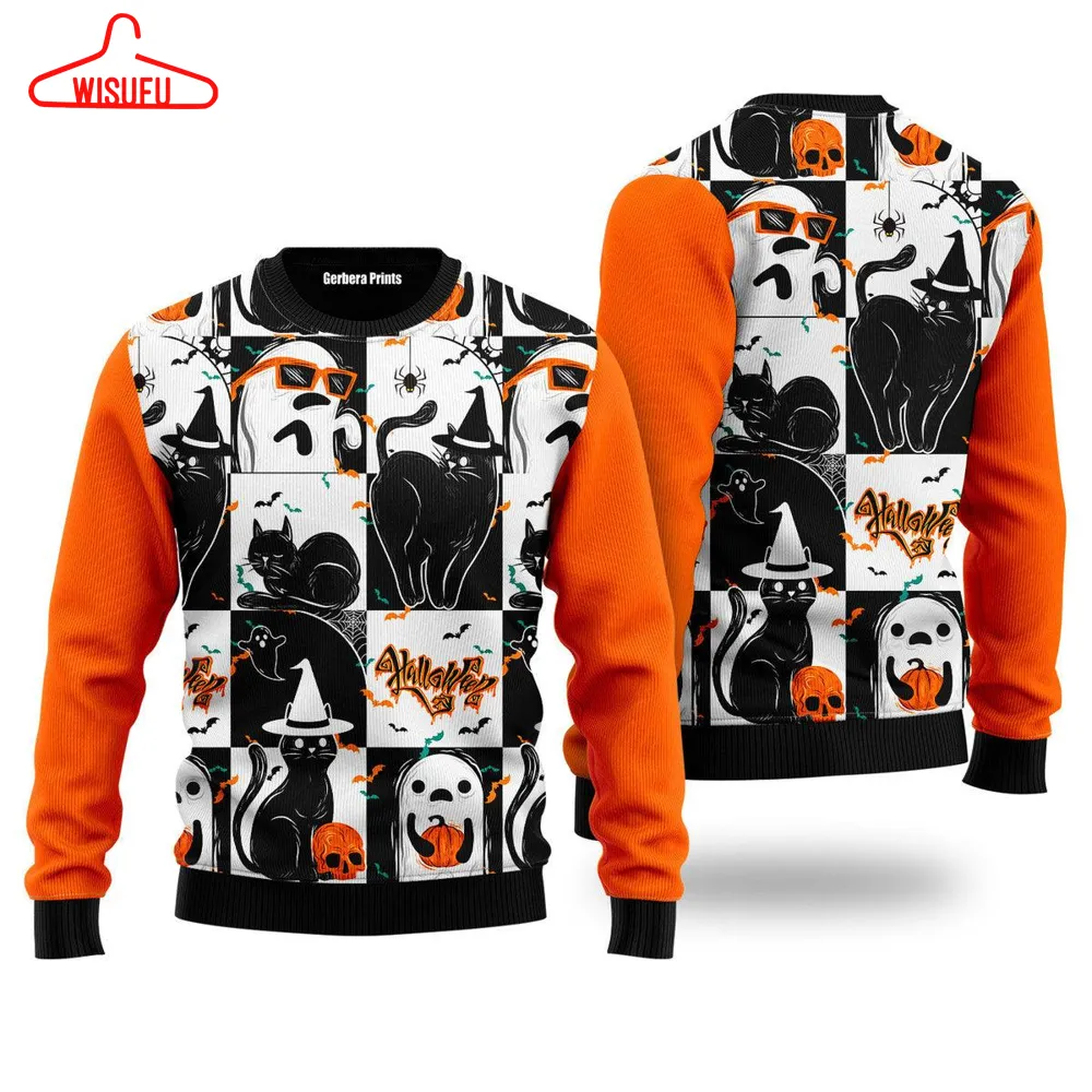 Black Cat And Ghost Halloween Ugly Christmas Sweater - For Men & Women - New Winter Fashion Shirt Gift For Family