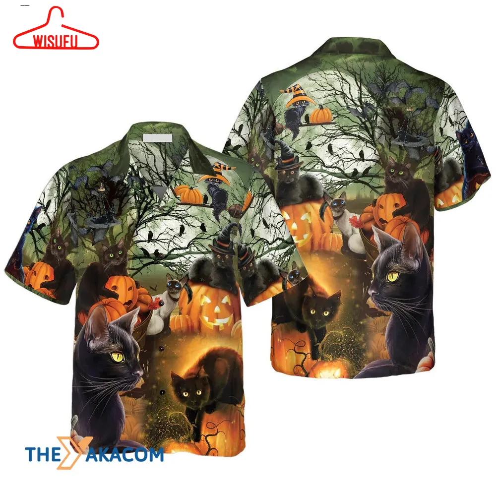 Black Cat And The Pumpkin Spooky Halloween Hawaiian Shirt, New Fashion Gifts