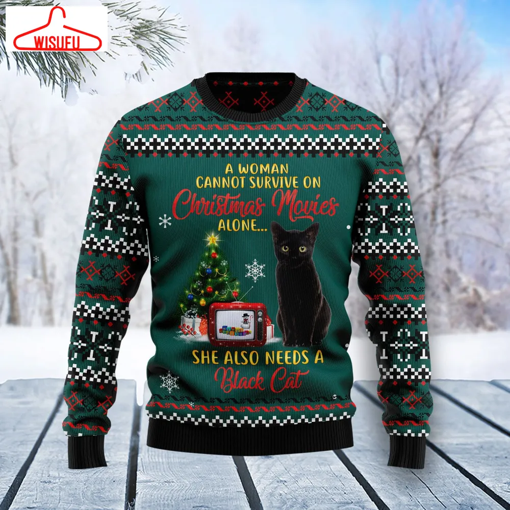 Black Cat Christmas Movie Ugly Christmas Sweater - For Men & Women - Adult - New Winter Fashion Shirt Gift For Family