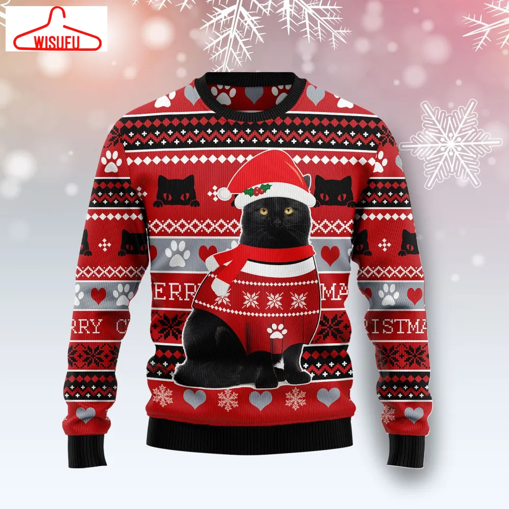 Black Cat Christmas Pattern Ugly Christmas Sweater - For Men & Women - Adult - New Winter Fashion Shirt Gift For Family