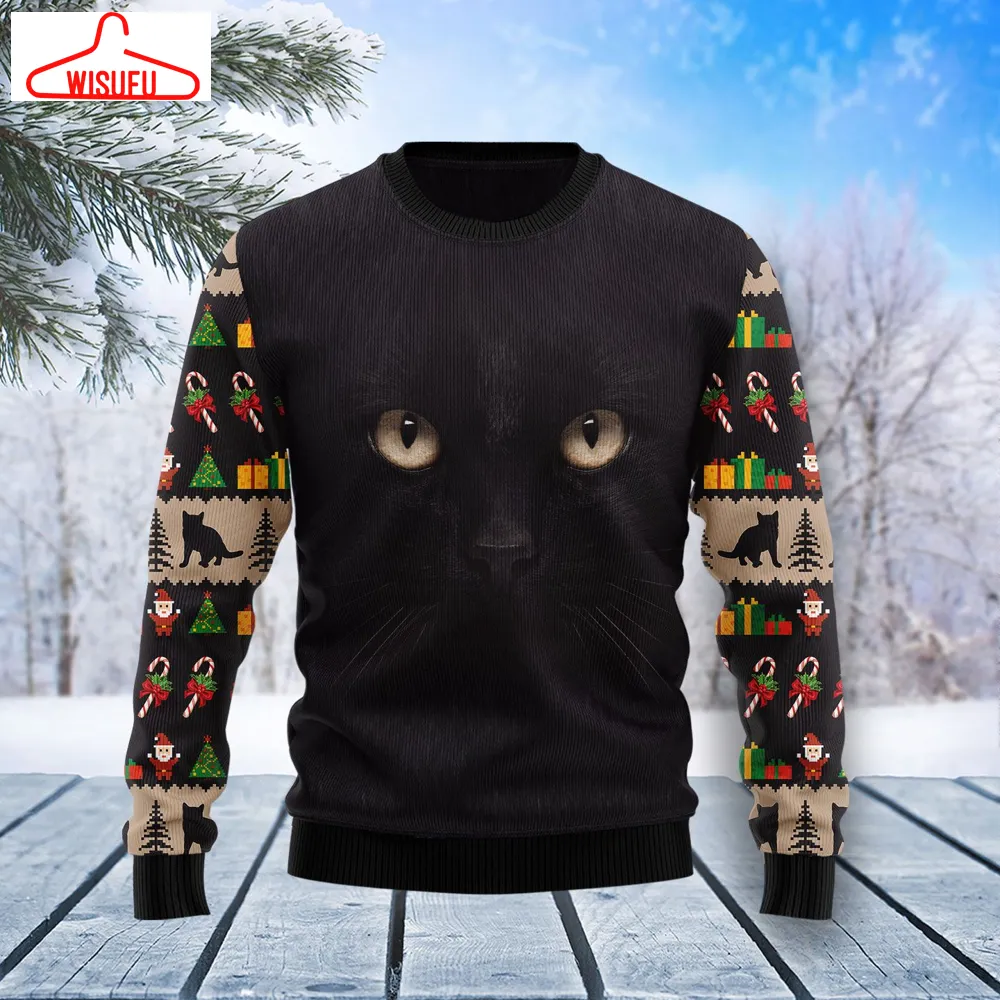 Black Cat Cute Face Ugly Christmas Sweater - For Men & Women - Adult - New Winter Fashion Shirt Gift For Family