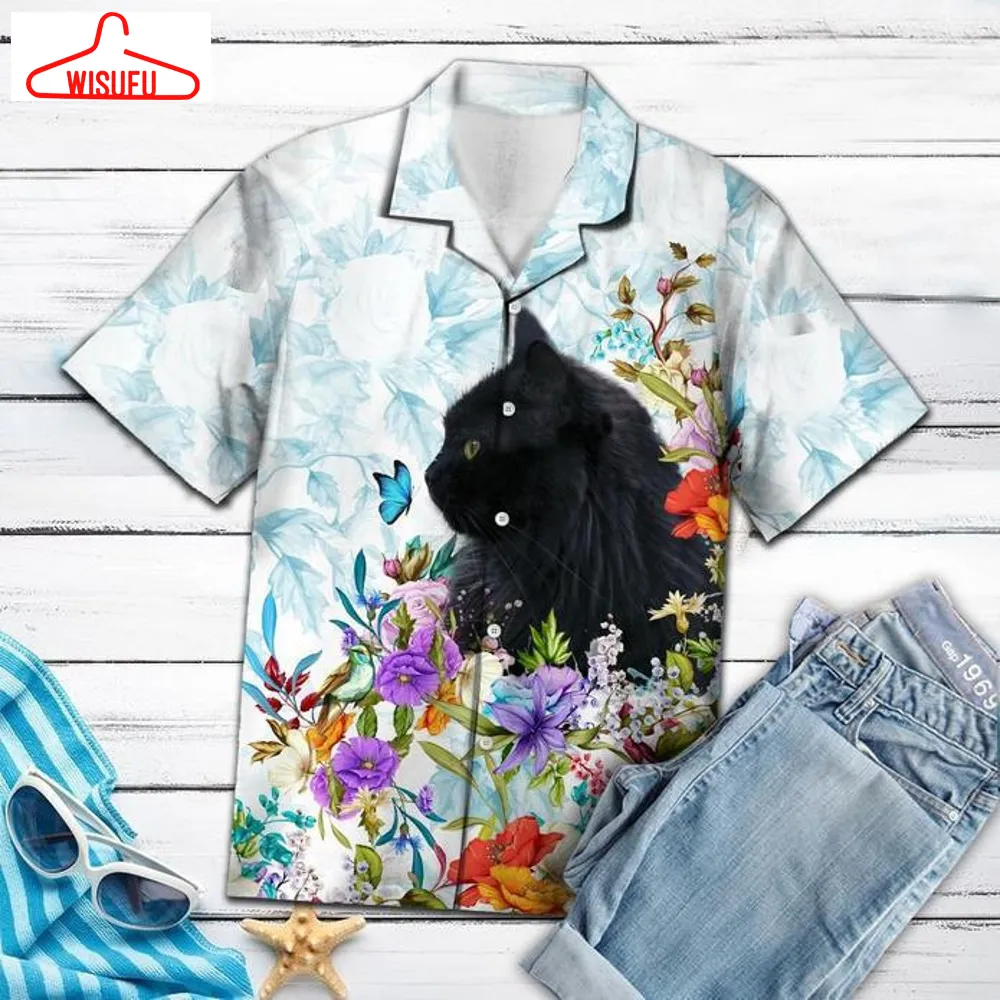 Black Cat Floral Hawaiian Shirt