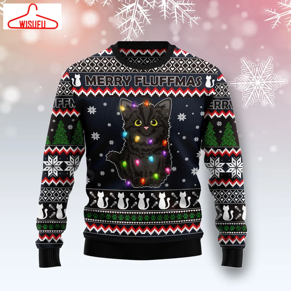 Black Cat Fluffmas Ugly Christmas Sweater - For Men & Women - Adult - New Winter Fashion Shirt Gift For Family