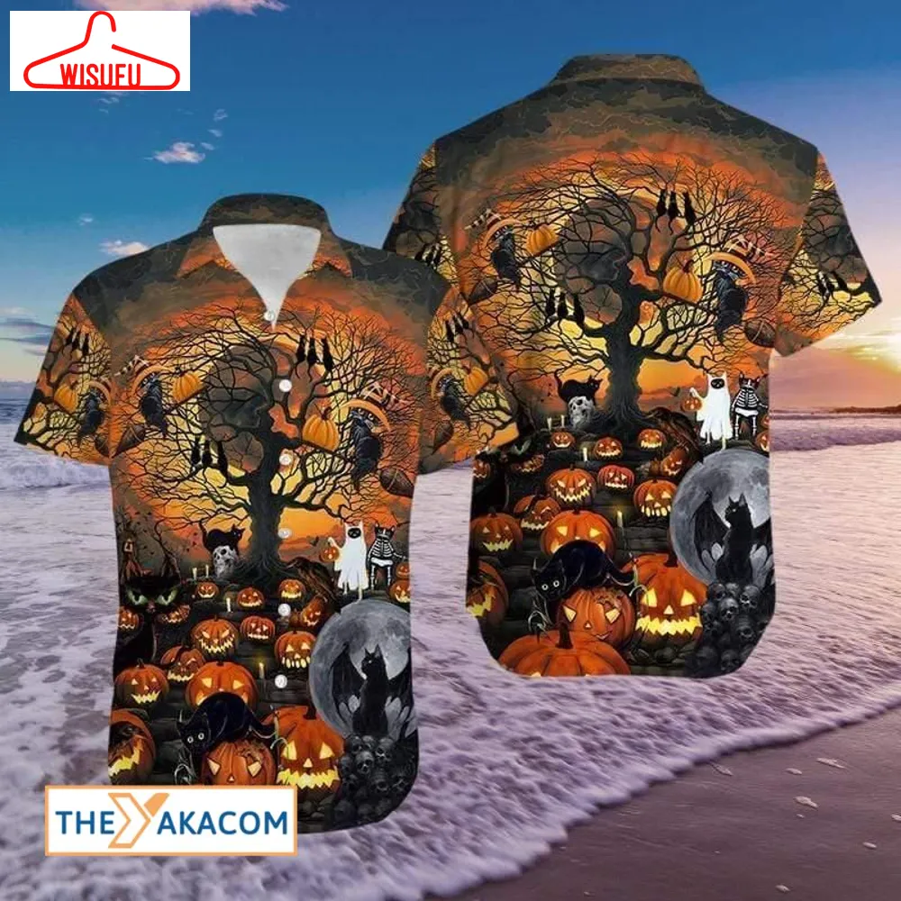 Black Cat Halloween God Pumpkin Hawaiian Shirt, New Fashion Gifts