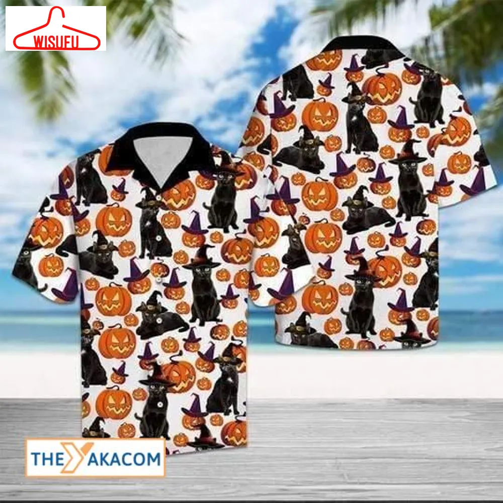 Black Cat Halloween Pattern Hawaiian Shirt, New Fashion Gifts