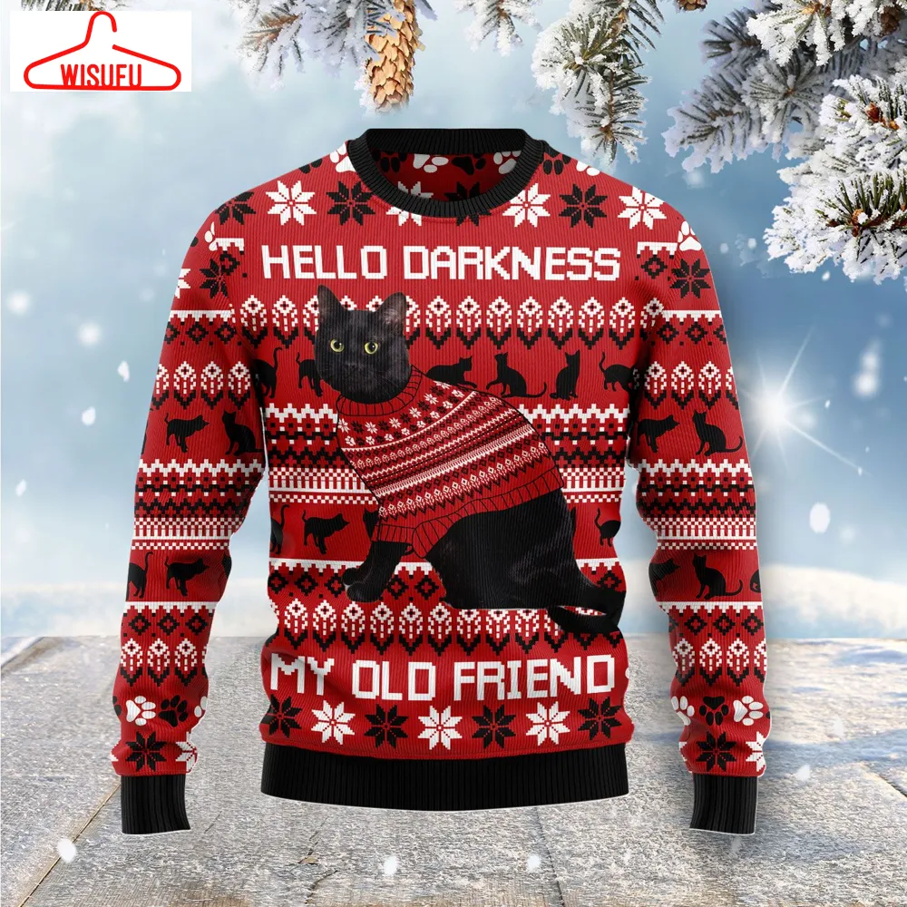 Black Cat Hello Darkness My Old Friend Ugly Christmas Sweater, All Over Print New Winter Fashion 3d Sweater, Best Gift Ideas