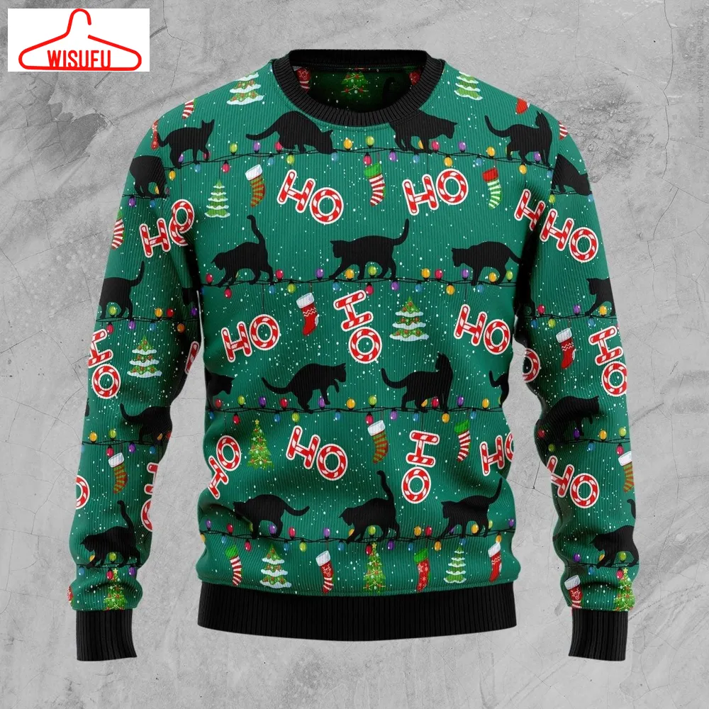 Black Cat Ho Ho Ho Ugly Christmas Sweater - For Men & Women - Adult - New Winter Fashion Shirt Gift For Family