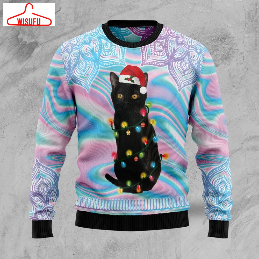 Black Cat Hologram Pattern Ugly Christmas Sweater - For Men & Women - Adult - New Winter Fashion Shirt Gift For Family