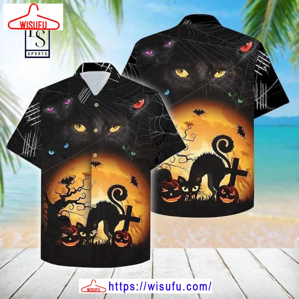 Black Cat In Halloween Hawaiian Shirt, New Fashion Gifts