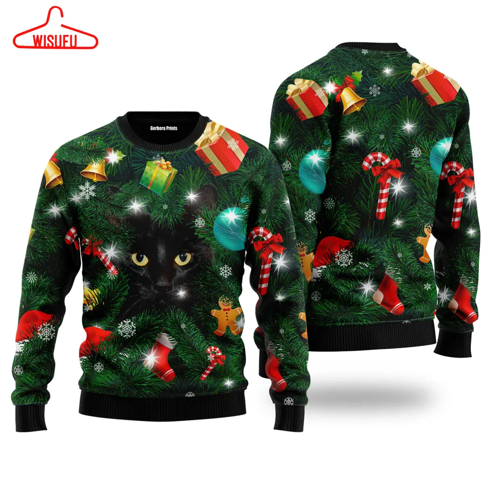 Black Cat Inside Tree Ugly Christmas Sweater - For Men & Women - New Winter Fashion Shirt Gift For Family