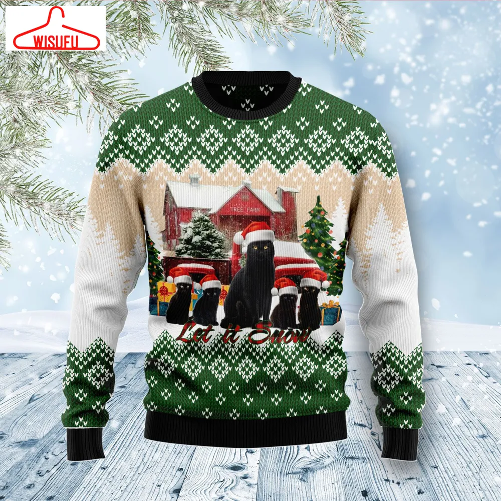 Black Cat Let It Snow Ugly Christmas Sweater - For Men & Women - Adult - New Winter Fashion Shirt Gift For Family