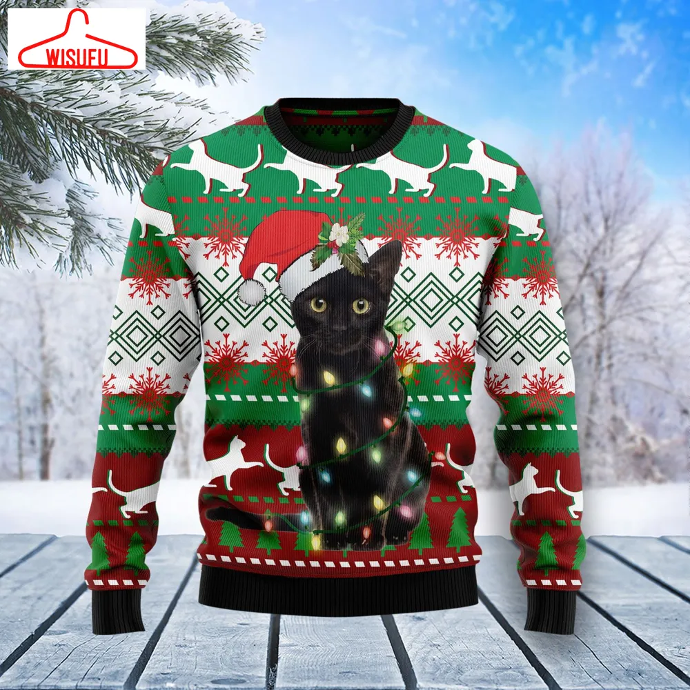 Black Cat Light Christmas Ugly Christmas Sweater - For Men & Women - Adult - New Winter Fashion Shirt Gift For Family