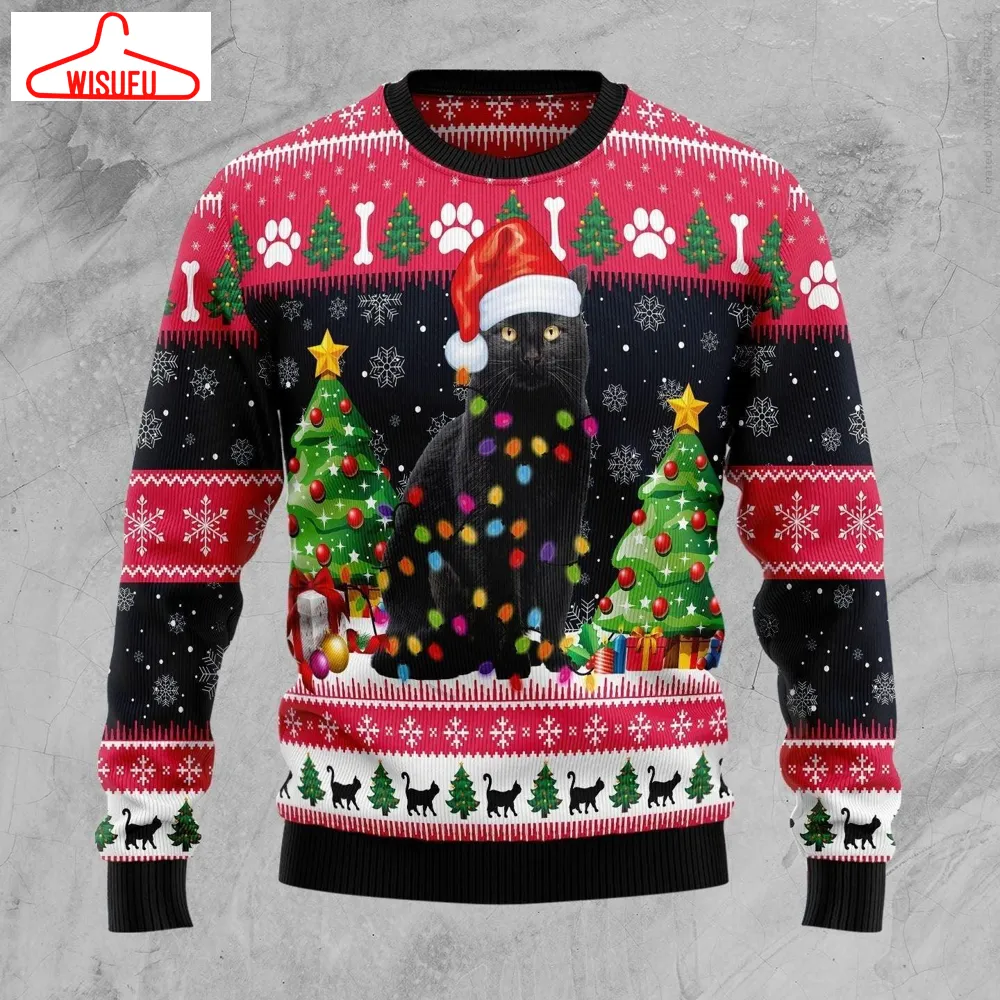 Black Cat Light Ugly Christmas Sweater - For Men & Women - Adult - New Winter Fashion Shirt Gift For Family