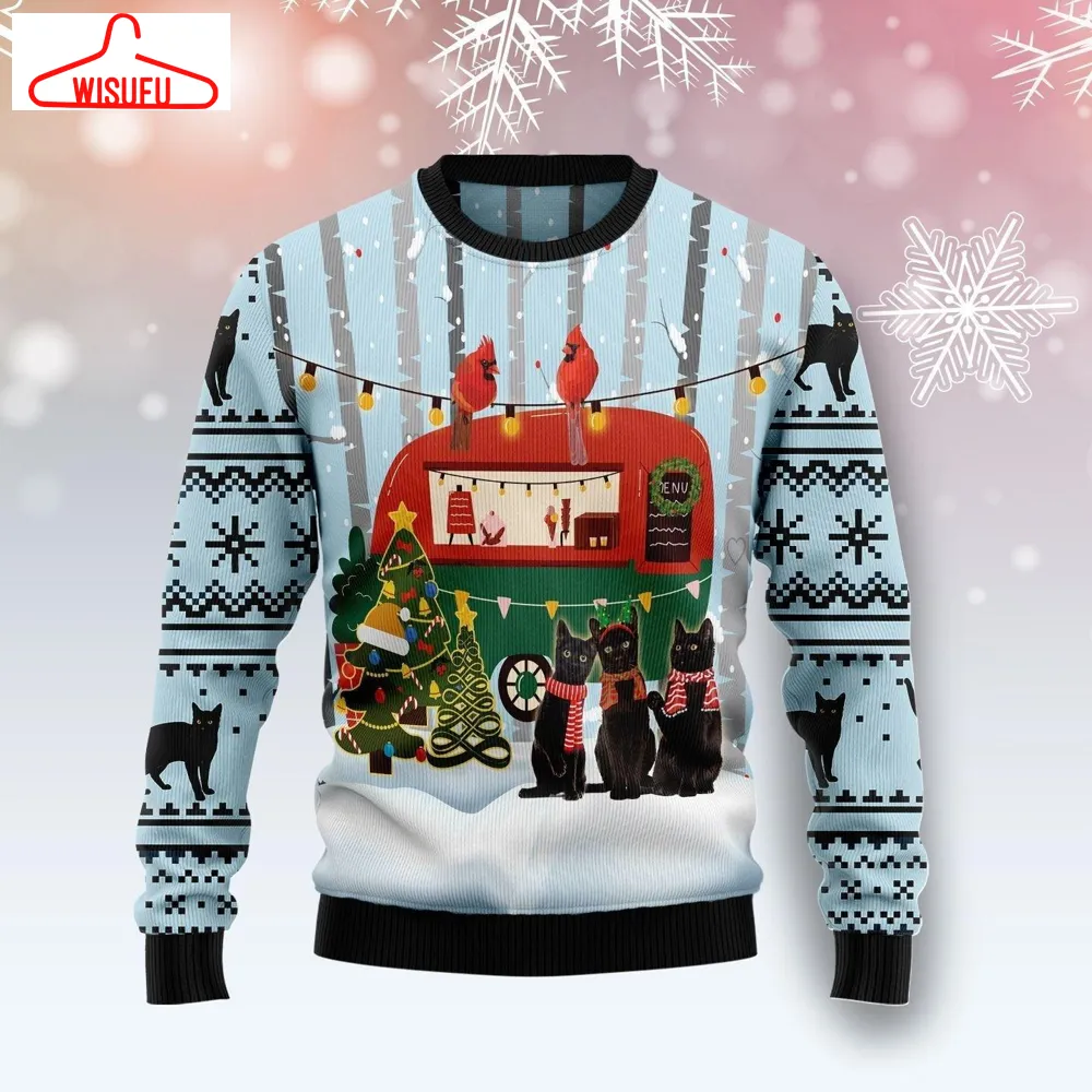 Black Cat Love Camping Ugly Christmas Sweater - For Men & Women - Adult - New Winter Fashion Shirt Gift For Family