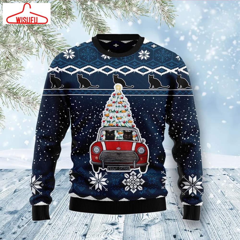 Black Cat Meowy Catmas Ugly Christmas Sweater - For Men & Women - Adult - New Winter Fashion Shirt Gift For Family