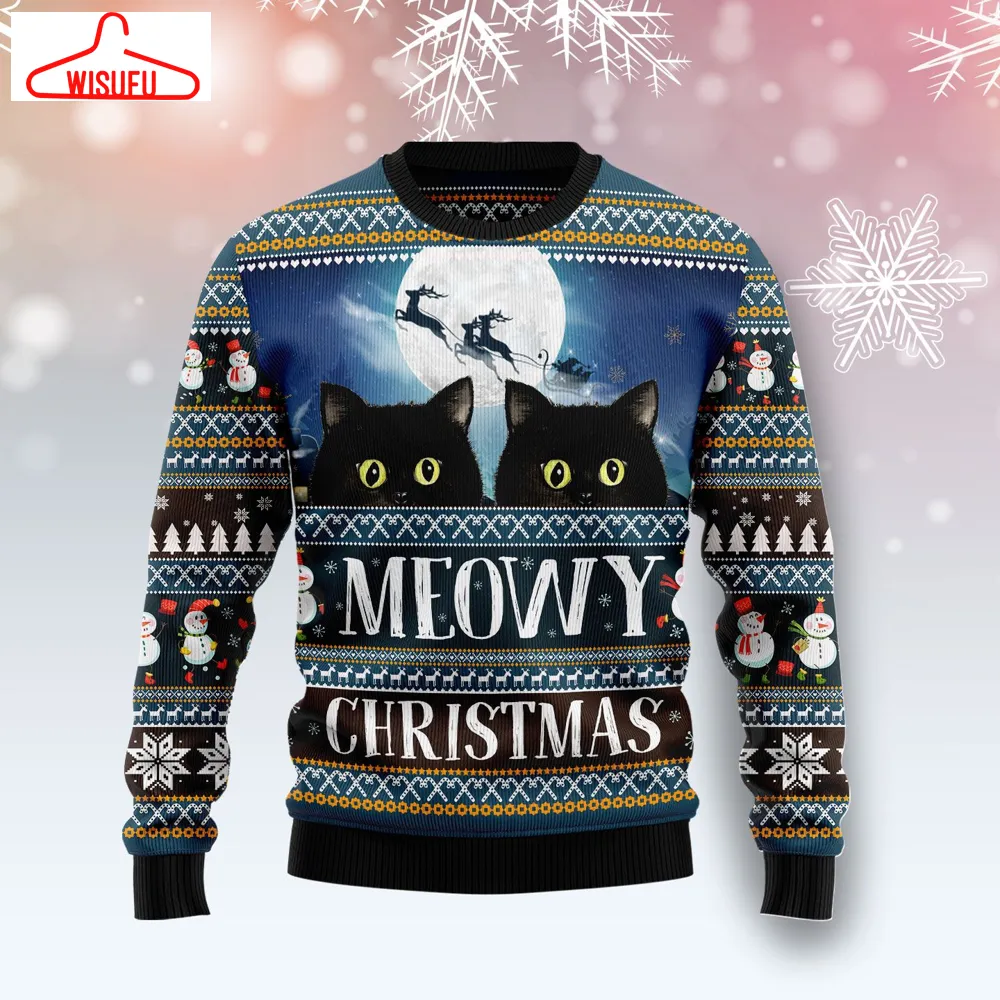 Black Cat Meowy Christmas Ugly Christmas Sweater - For Men & Women - Adult - New Winter Fashion Shirt Gift For Family