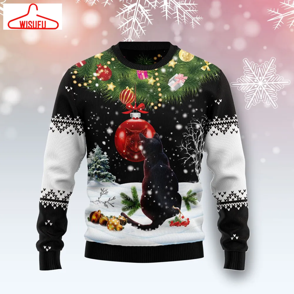 Black Cat Mirror Ugly Christmas Sweater - For Men & Women - Adult - New Winter Fashion Shirt Gift For Family