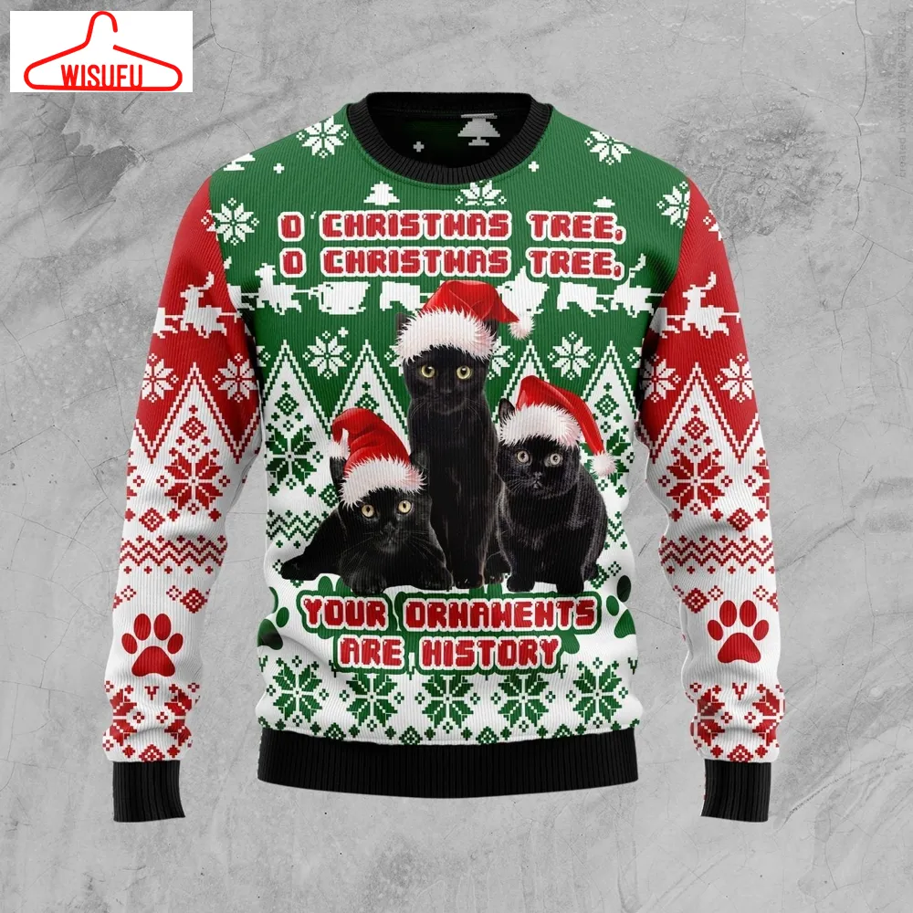 Black Cat Oh Christmas Tree Ugly Christmas Sweater - For Men & Women - Adult - New Winter Fashion Shirt Gift For Family