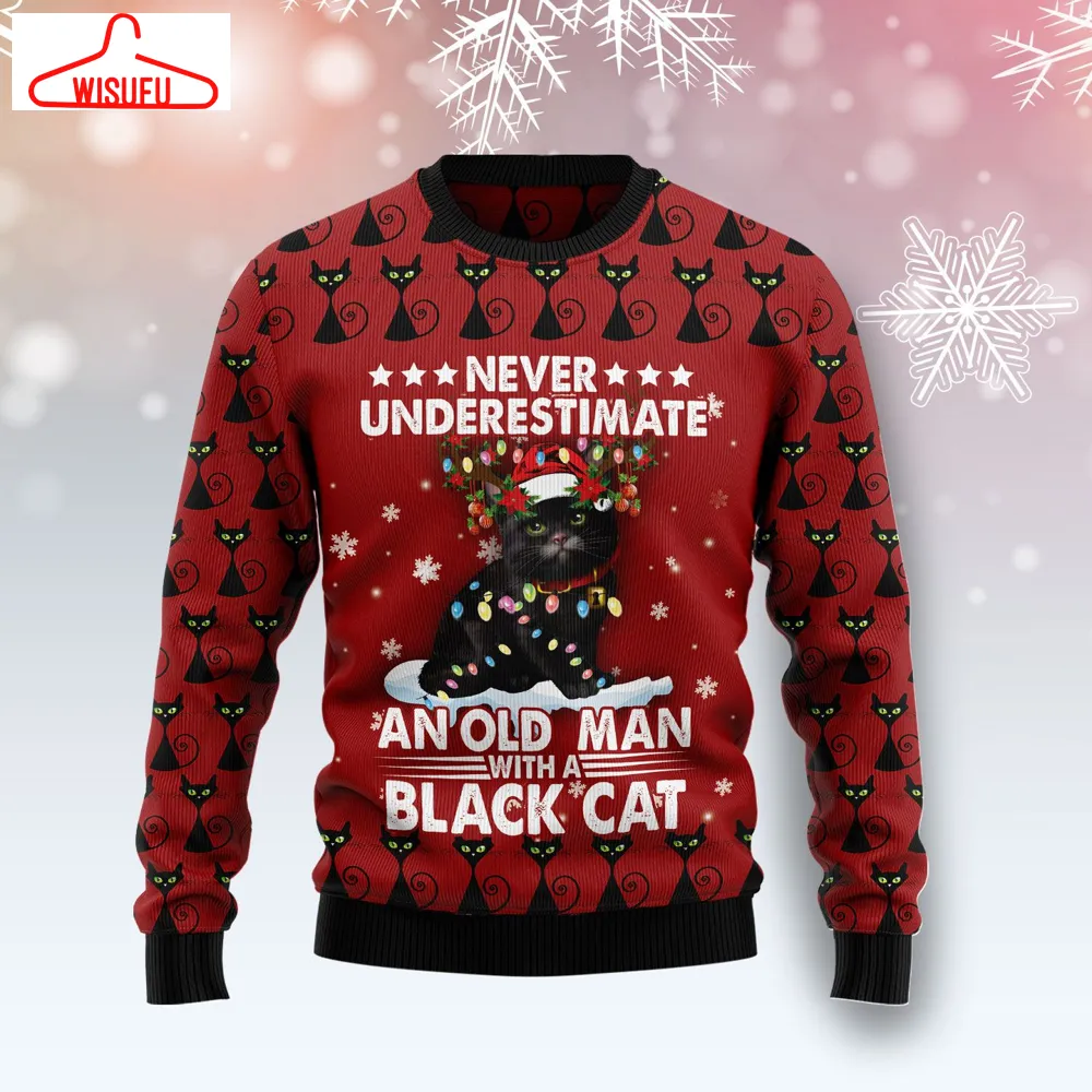 Black Cat Old Man Ugly Christmas Sweater - For Men & Women - Adult - New Winter Fashion Shirt Gift For Family