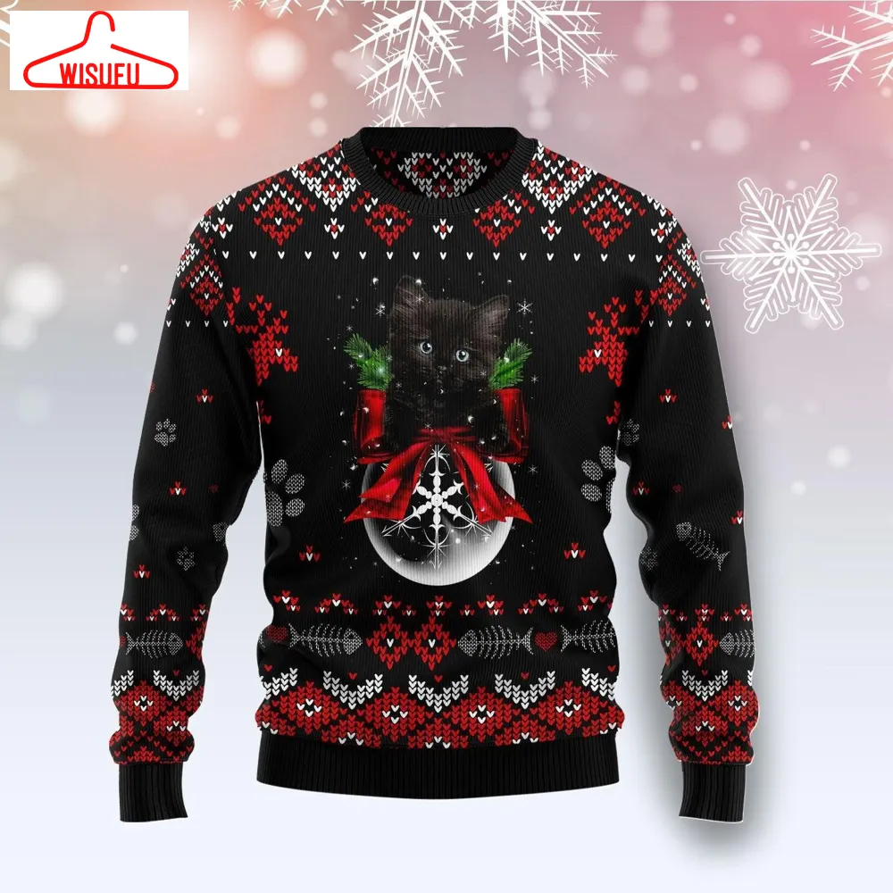 Black Cat Ornament Christmas Ugly Christmas Sweater - For Men & Women - Adult - New Winter Fashion Shirt Gift For Family