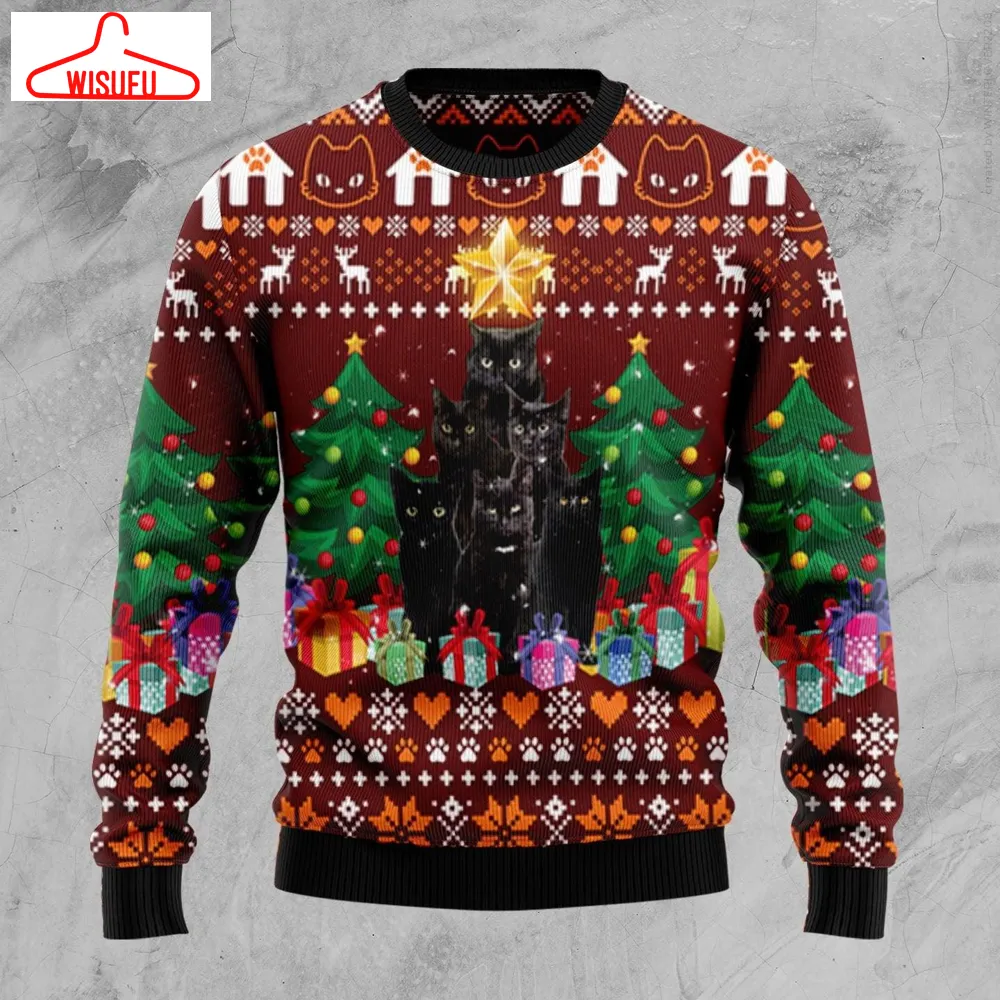 Black Cat Pine Tree Ugly Christmas Sweater - For Men & Women - Adult - New Winter Fashion Shirt Gift For Family