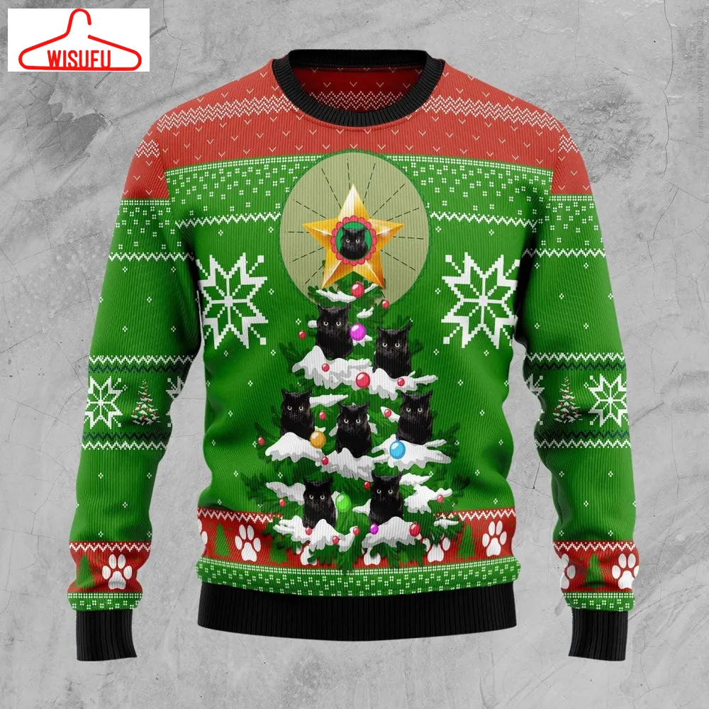 Black Cat Pine Ugly Christmas Sweater - For Men & Women - Adult - New Winter Fashion Shirt Gift For Family