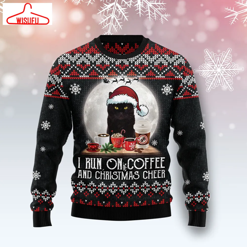 Black Cat Run On Coffee Ugly Christmas Sweater - For Men & Women - Adult - New Winter Fashion Shirt Gift For Family