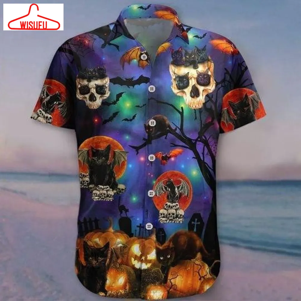 Black Cat Skull Halloween Hawaiian Shirt