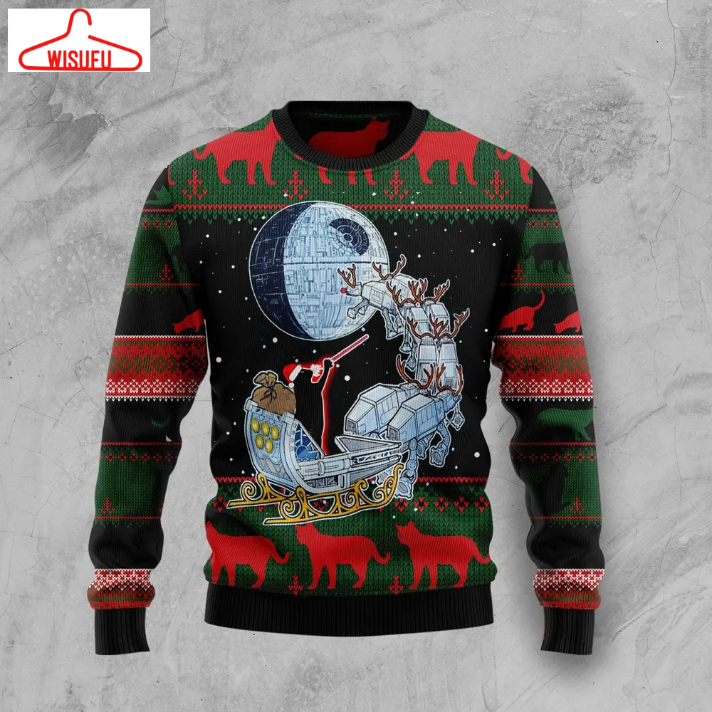 Black Cat Sleigh To Death Star Ugly Christmas Sweater - For Men & Women - Adult - New Winter Fashion Shirt Gift For Family