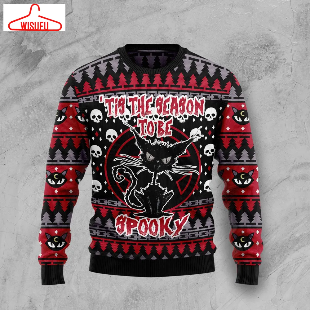 Black Cat Spooky Halloween Ugly Christmas Sweater - For Men & Women - Adult - New Winter Fashion Shirt Gift For Family