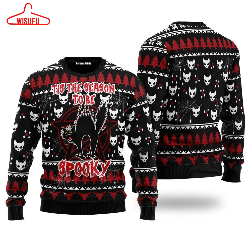 Black Cat Spooky Halloween Ugly Christmas Sweater - For Men & Women - New Winter Fashion Shirt Gift For Family