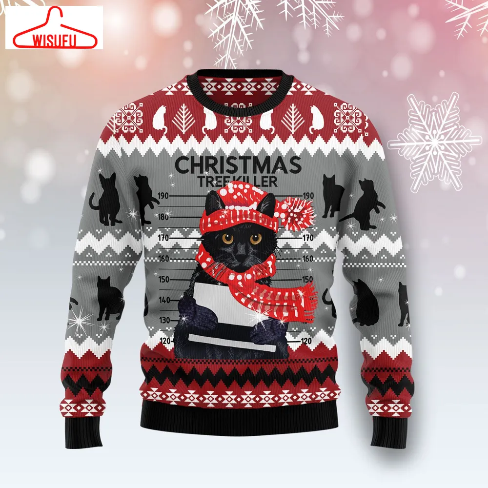 Black Cat Tree Killer Ugly Christmas Sweater - For Men & Women - Adult - New Winter Fashion Shirt Gift For Family