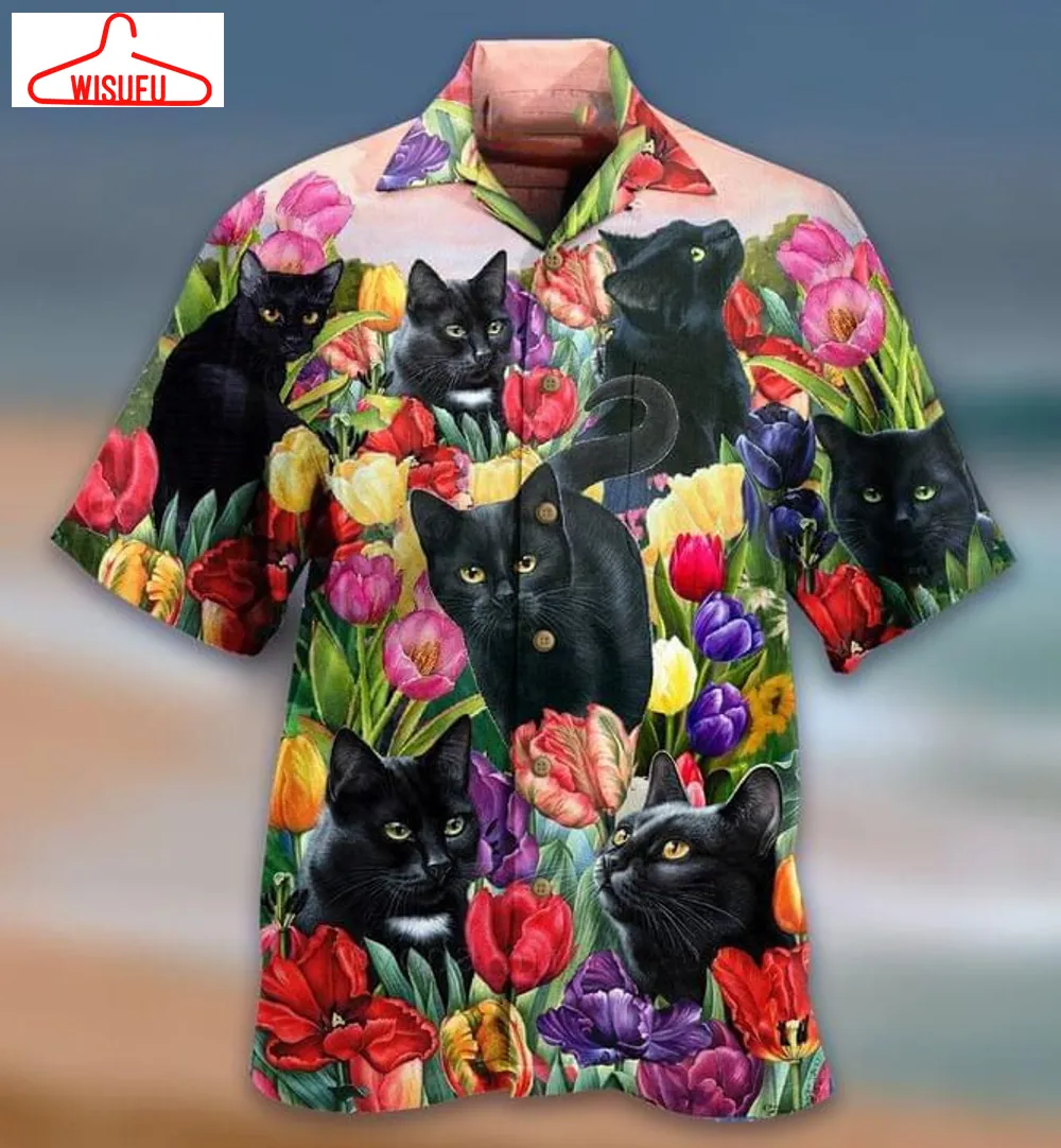 Black Cat Tropical Flowers Print Hawaiian Shirt