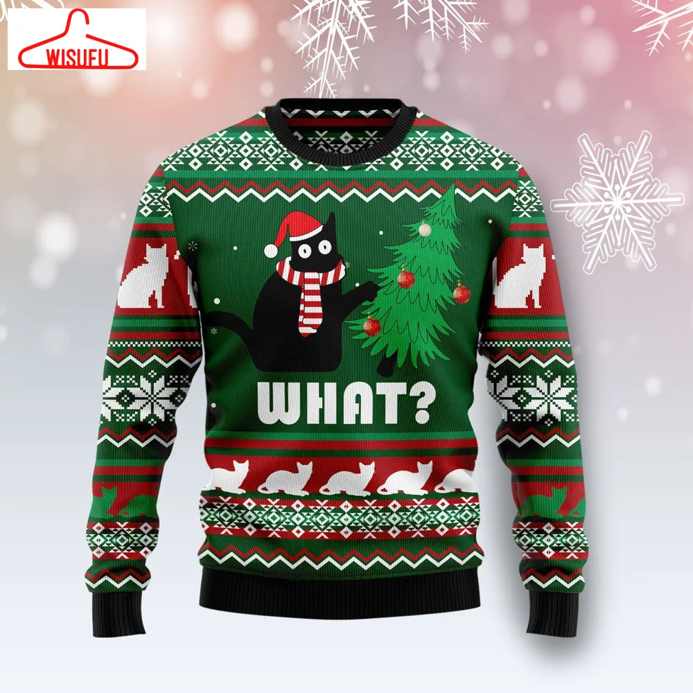 Black Cat What Christmas Ugly Christmas Sweater, All Over Print New Winter Fashion 3d Sweater, Best Gift Ideas